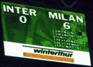 Stagione 2000/01, Inter-Milan 0-6: 2’ e 19’ Comandini, 53’ Giunti, 66’ e 77’ Shevchenko, 81’ Serginho