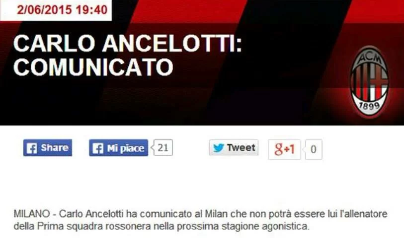 UFFICIALE/ Ancelotti ha deciso: non sarà lui l’allenatore del Milan
