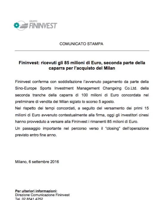 COMUNICATO UFFICIALE/ Fininvest: “Ricevuti gli 85 milioni di euro. Passaggio importante verso il closing”