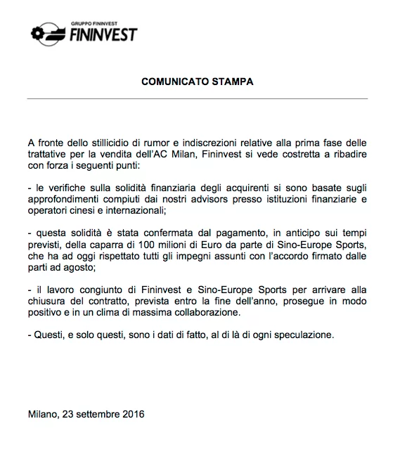 COMUNICATO FININVEST/ La situazione sulla solidità della cordata cinese