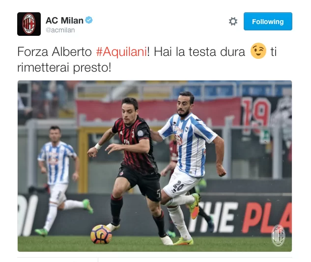 Milan, messaggio per Aquilani: “Forza Alberto, ti rimetterai presto”