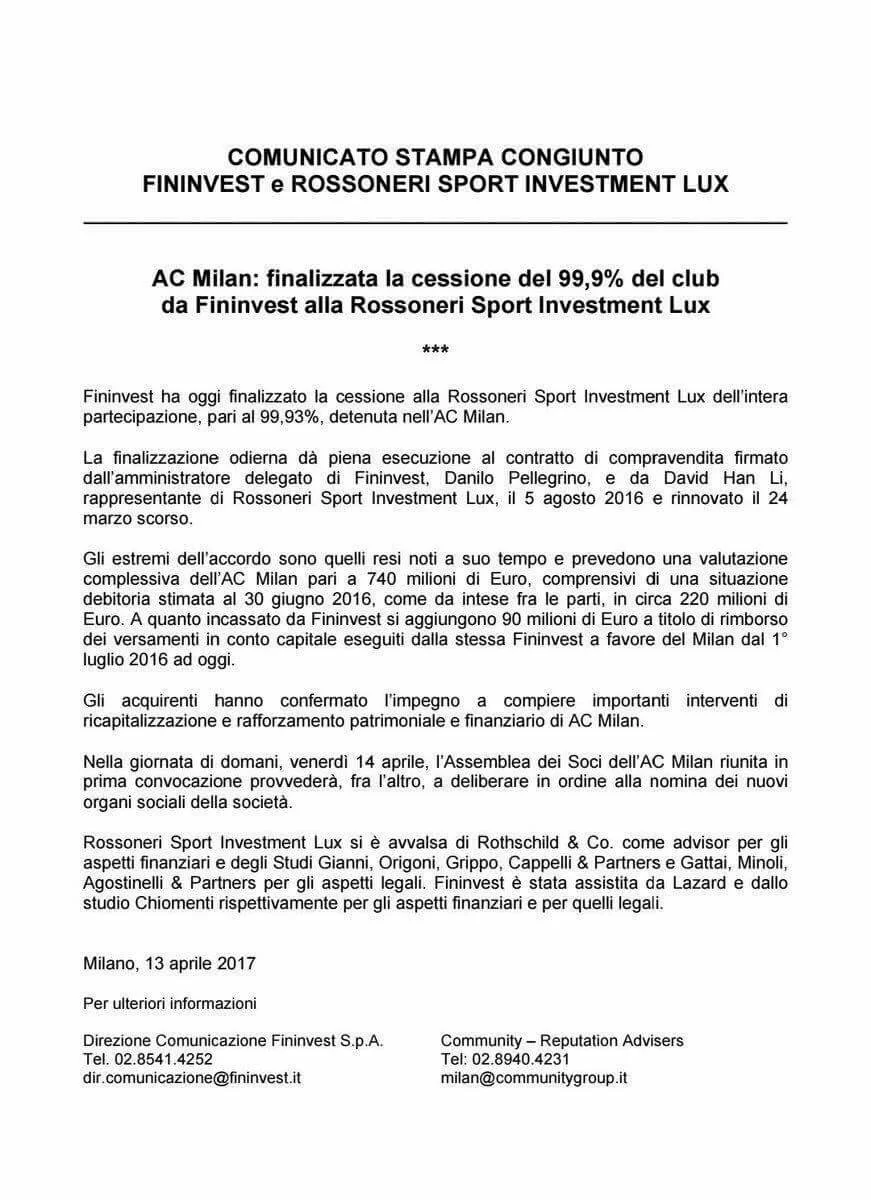 COMUNICATO UFFICIALE/ Fininvest: “Milan ceduto alla Rossoneri Sport Investment Lux”