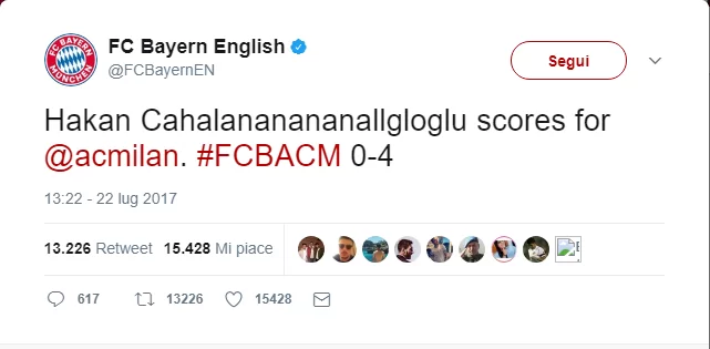 Bayern che gaffe su Twitter: Calhanoglu diventa “Cahalananananallgloglu”