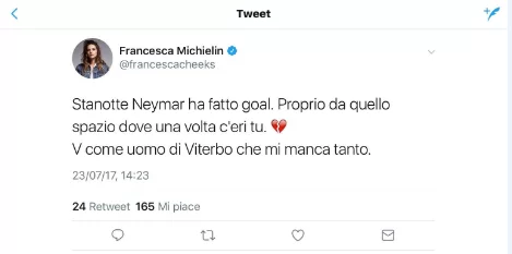 Francesca Michelin su twitter rimpiange Bonucci: “Neymar ha segnato, nello spazio dove una volta c’eri tu. L’uomo di Viterbo mi manca tanto”