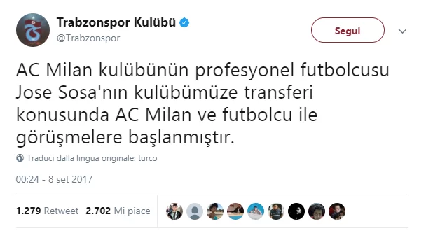 Sosa in Turchia, l’annuncio del Trabzonspor su Twitter