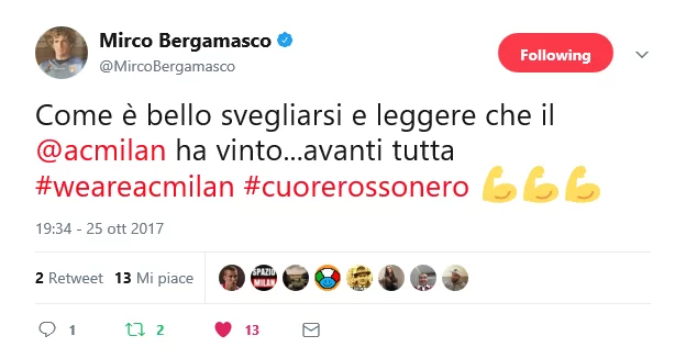 Bergamasco su Twitter: “Come è bello svegliarsi e leggere che il Milan ha vinto… avanti tutta”