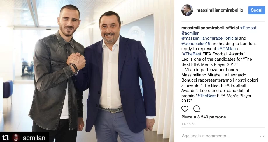 FOTO/ Mirabelli sta con Bonucci: il post su Instagram