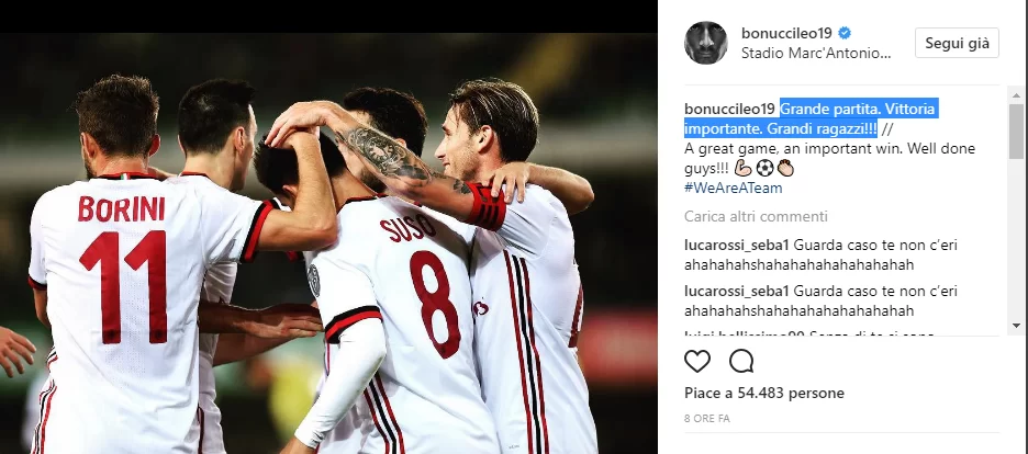 Bonucci: “Grande partita. Vittoria importante. Grandi ragazzi!”
