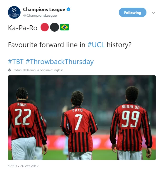 Twitter, la UEFA Champions League ricorda il Ka-Pa-Ro