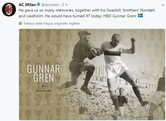 Il Milan ricorda ed omaggia Gunnar Gren