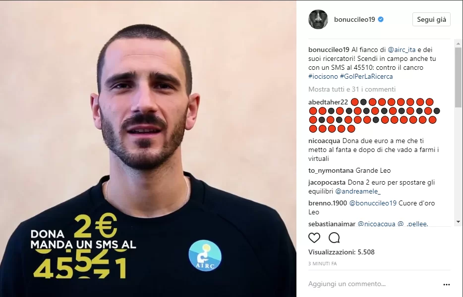 Bonucci si spende per l’Airc e striglia chi lo critica sotto il post sulla ricerca