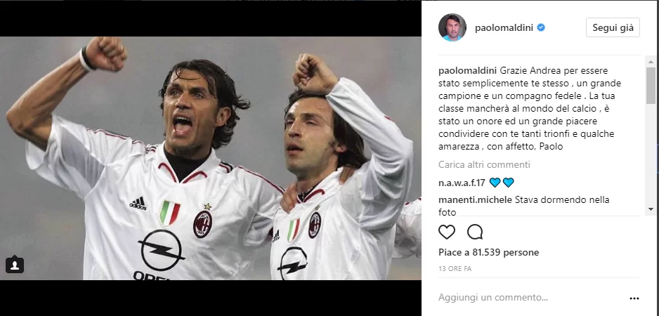 Maldini saluta Pirlo: “La tua classe mancherà al mondo del calcio”