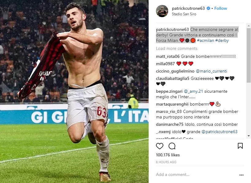 Cutrone su instagram: “Che emozione segnare al derby”