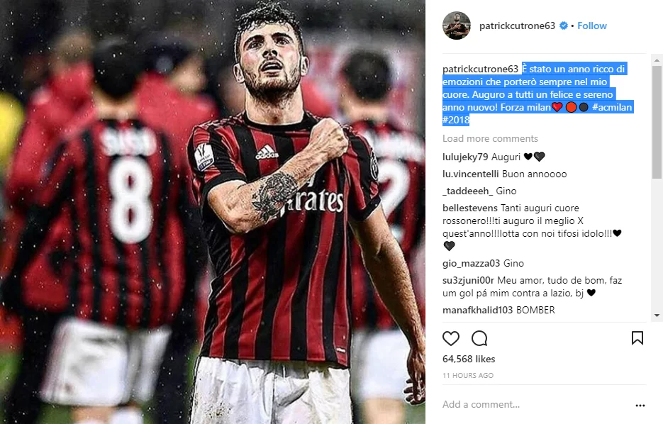 Cutrone: “È stato un anno ricco di emozioni che porterò sempre nel mio cuore”