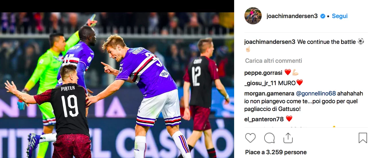 Sampdoria-Milan, Colley punge Piatek su Instagram: “Niente più pistole?”
