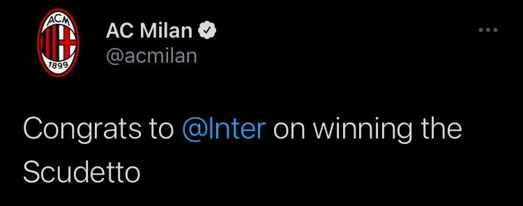 Il Milan si congratula con l’Inter per la vittoria del campionato