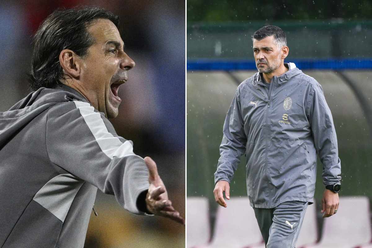 Simone Inzaghi mentre dà indicazioni e Sergio Conceicao durante la partita, rispettivamente allenatori di Al Hilal e Al Ittihad