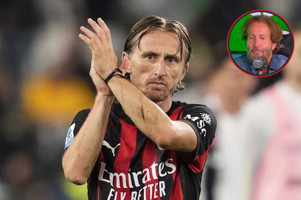 Luka Modric del Milan applaude a fine gara nella Serie A 2025, con il volto di Paolo Bargiggia in sovraimpressione a richiamare le sue dichiarazioni polemiche.