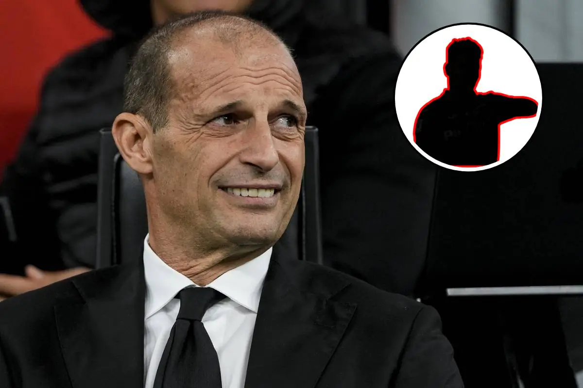 Massimiliano Allegri sorride in panchina durante una partita del Milan nel 2025, con il profilo di un possibile nuovo acquisto evidenziato in grafica.
