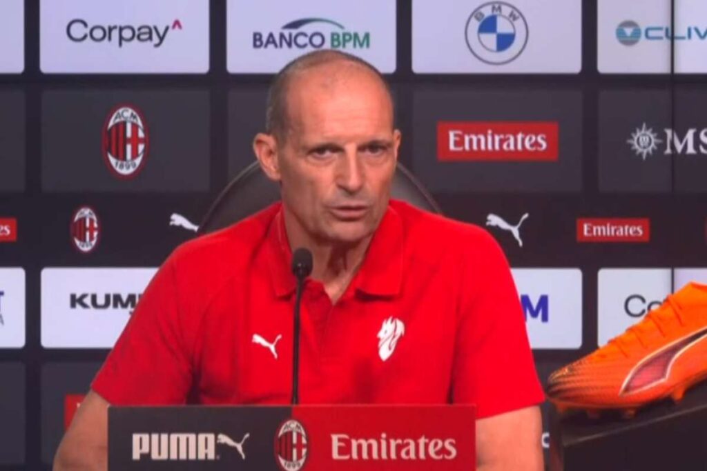 L'allenatore del Milan Massimiliano Allegri in conferenza stampa alla vigilia del match contro il Pisa