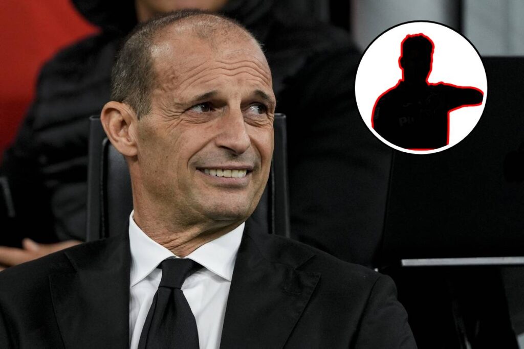 Massimiliano Allegri sorride in panchina durante una partita del Milan nel 2025, con il profilo di un possibile nuovo acquisto evidenziato in grafica.