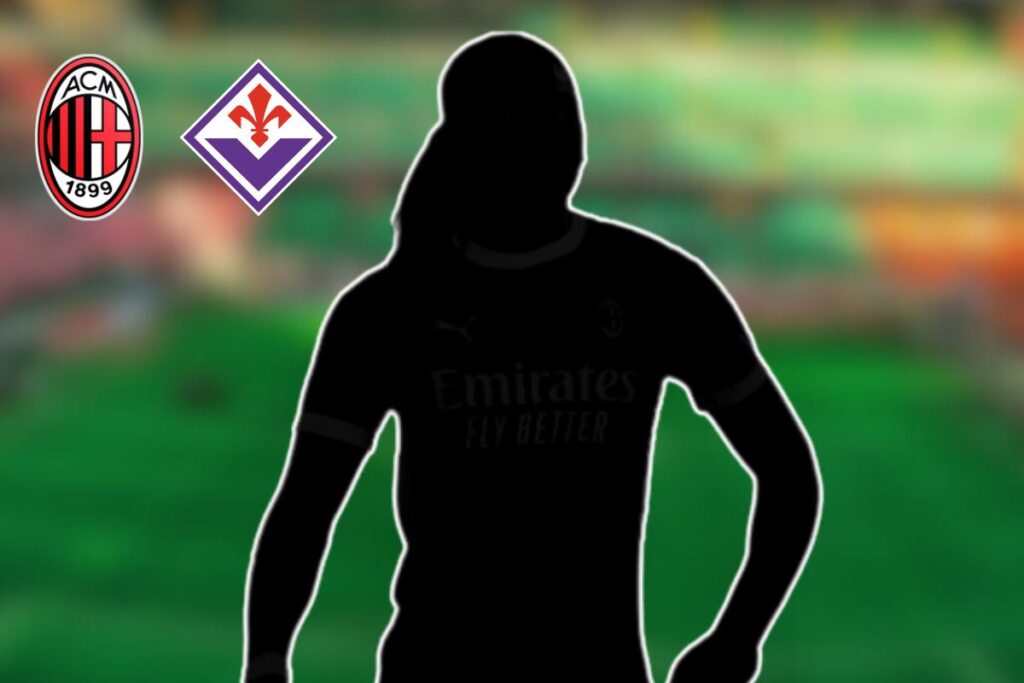 Grafica teaser Milan–Fiorentina 2025/26 con silhouette di calciatore del Milan su sfondo campo e loghi dei due club.
