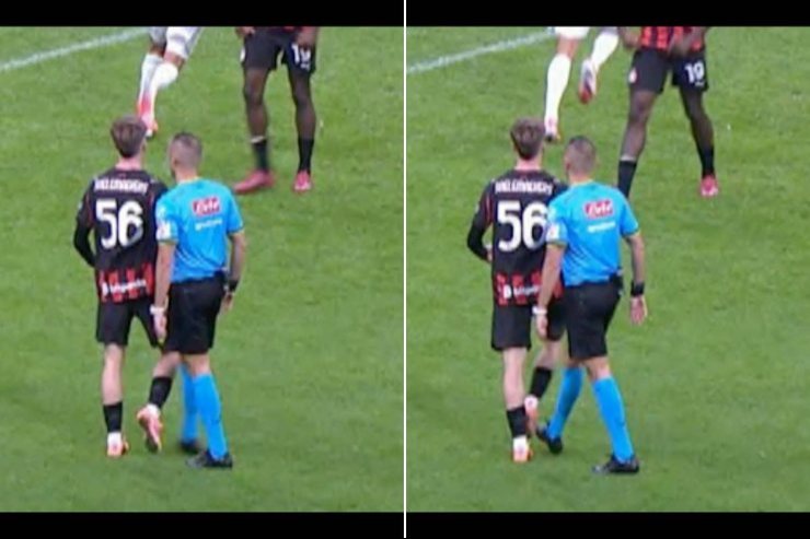 Contatto tra Alexis Saelemaekers e l'arbitro Guida durante Milan-Roma