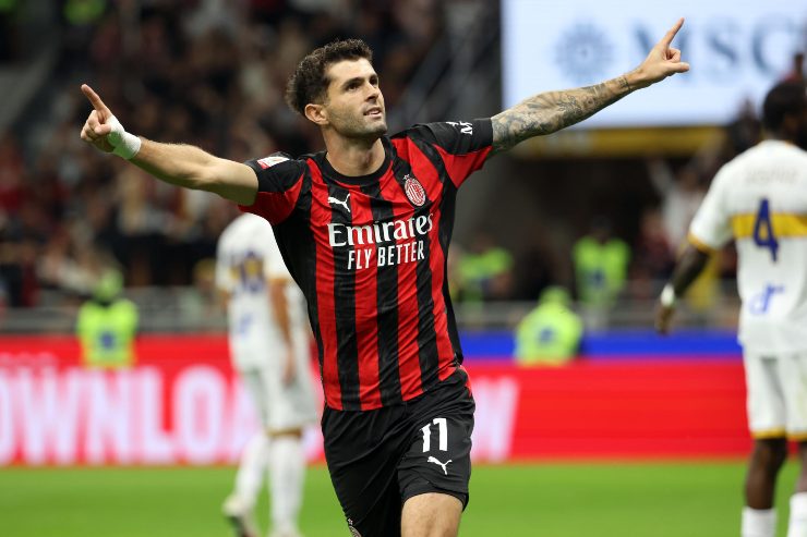 Christian Pulisic, attaccante del Milan, esulta dopo la rete realizzata nel match contro il Lecce