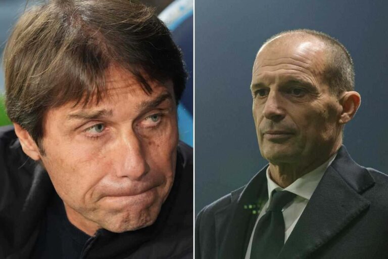Antonio Conte e Massimiliano Allegri in primo piano durante una partita, foto ANSA