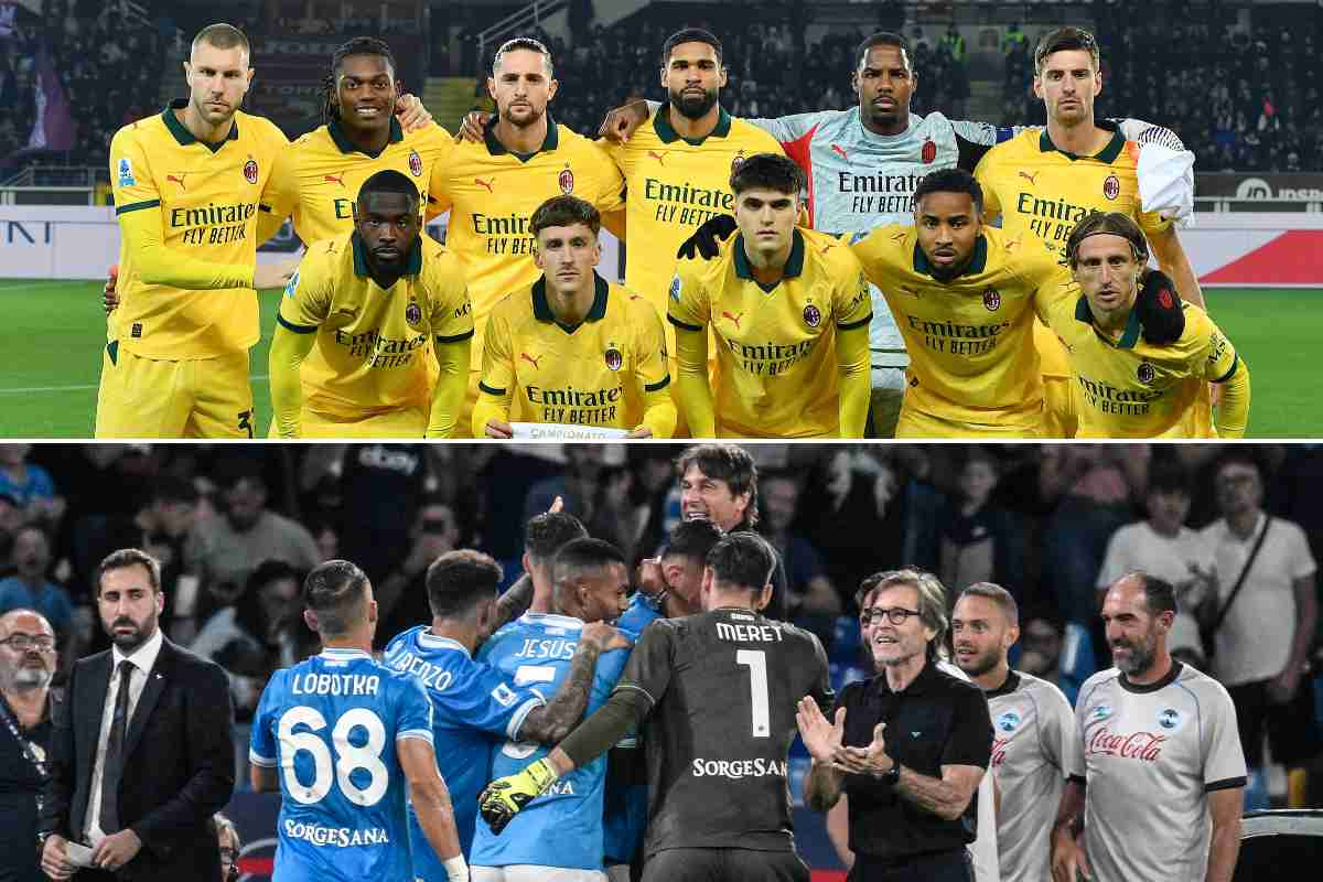 Collage che ritrae il Milan in campo prima della gara contro il Torino e il Napoli che esulta