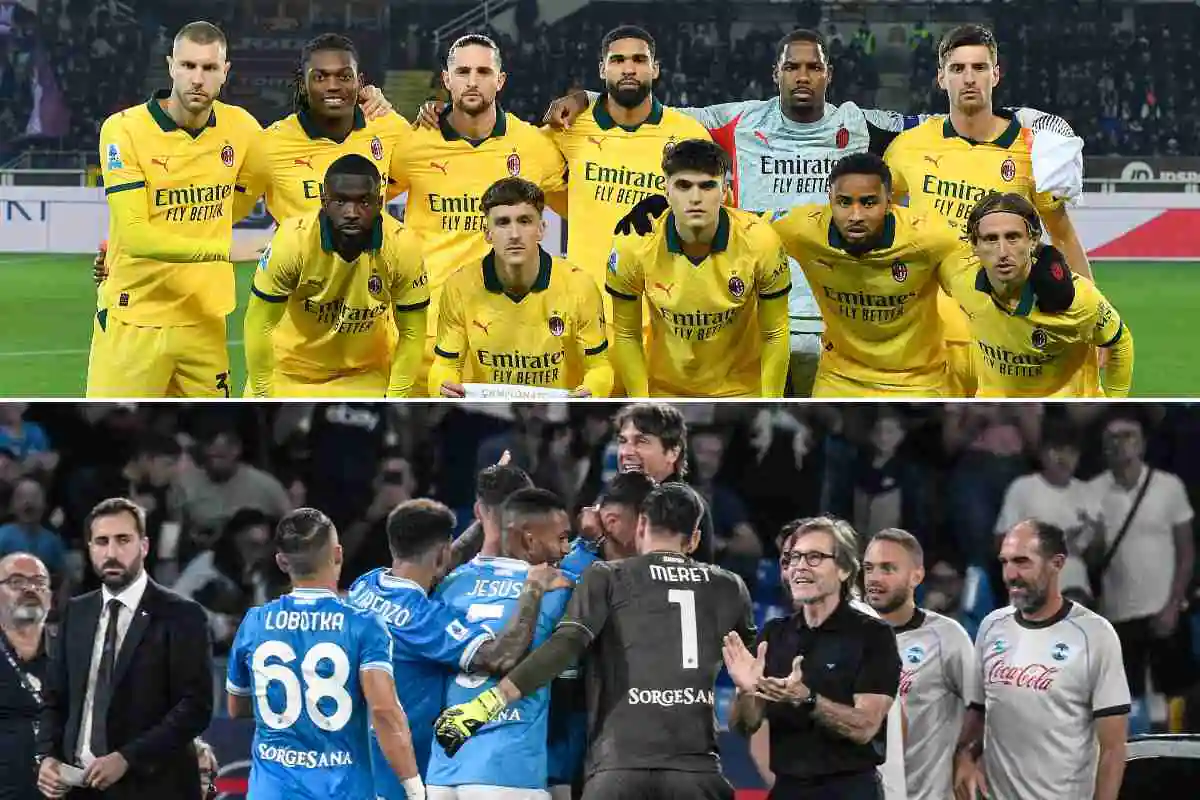 Collage che ritrae il Milan in campo prima della gara contro il Torino e il Napoli che esulta