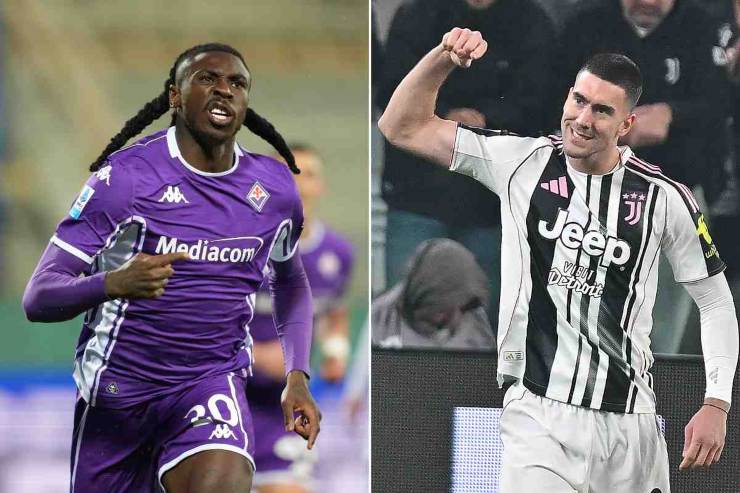 Moise Kean e Dusan Vlahovic, rispettivamente attaccanti della Fiorentina e della Juventus