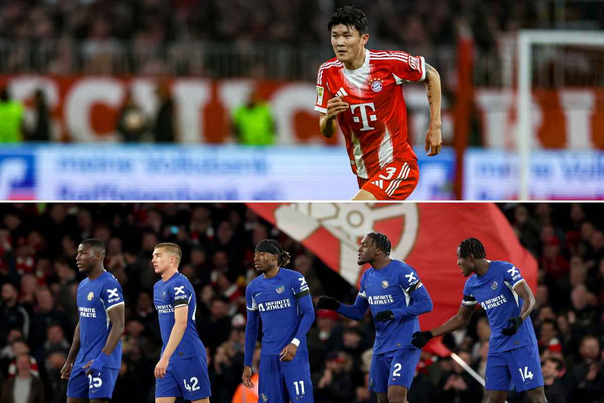 Collage sul mercato del Milan nel 2026 con Kim Min-jae in azione con il Bayern Monaco e alcuni giocatori del Chelsea coinvolti in possibili trattative.
