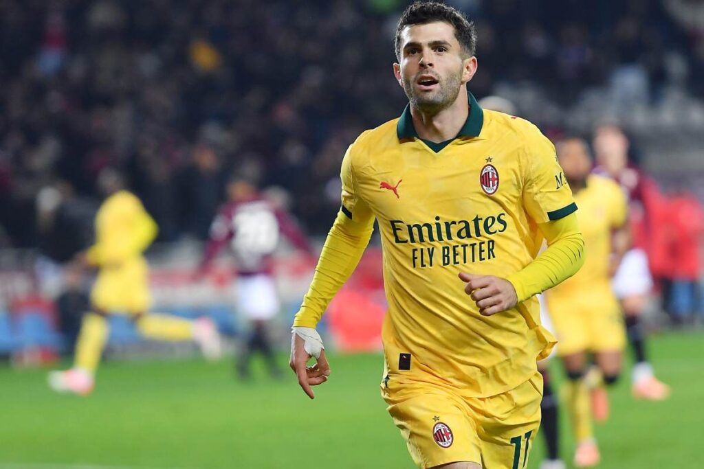 Christian Pulisic, attaccante del Milan, esulta dopo la rete realizzata contro il Torino