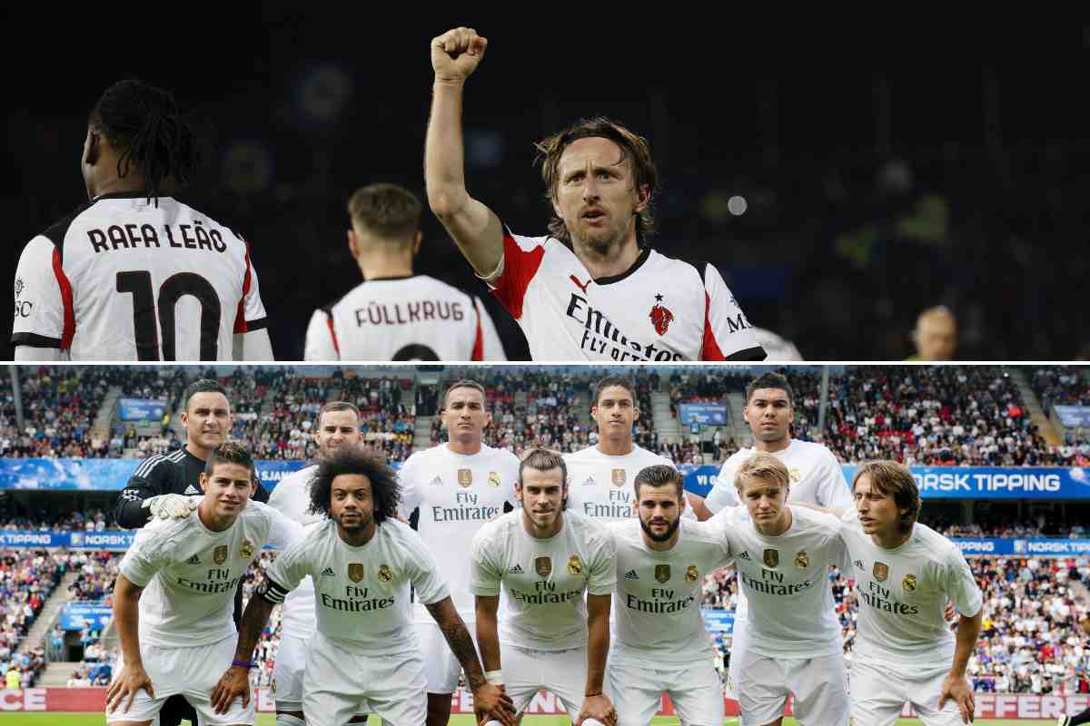 Collage con Modric che esulta con il Milan e una foto di quando giocava al Real Madrid con Casemiro