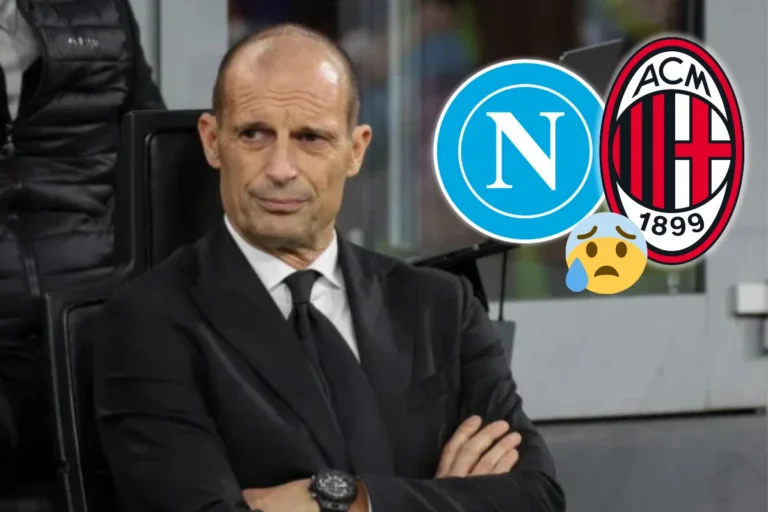 Massimiliano Allegri in giacca e cravatta nera seduto in panchina con le braccia incrociate