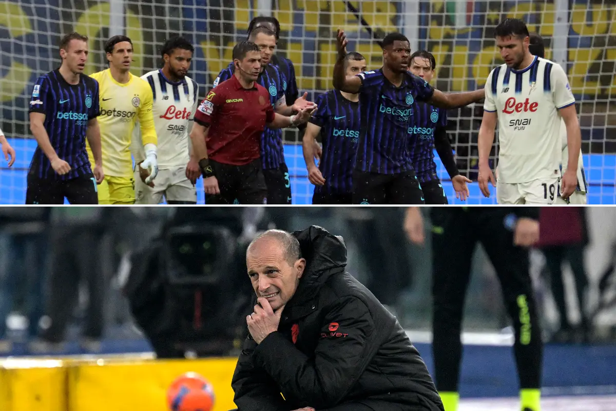 Collage con le proteste dell'Inter durante la gara contro l'Atalanta e Allegri pensieroso