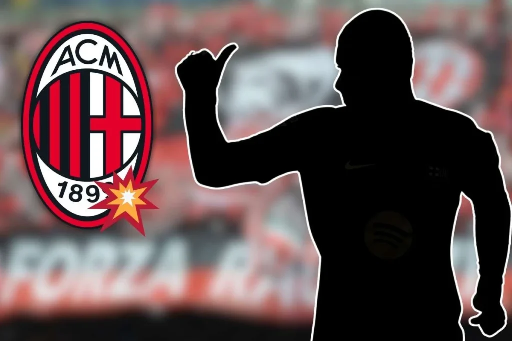 Silhouette di giocatore con lo stemma dell'AC Milan sullo sfondo, rappresentazione grafica del mercato rossonero