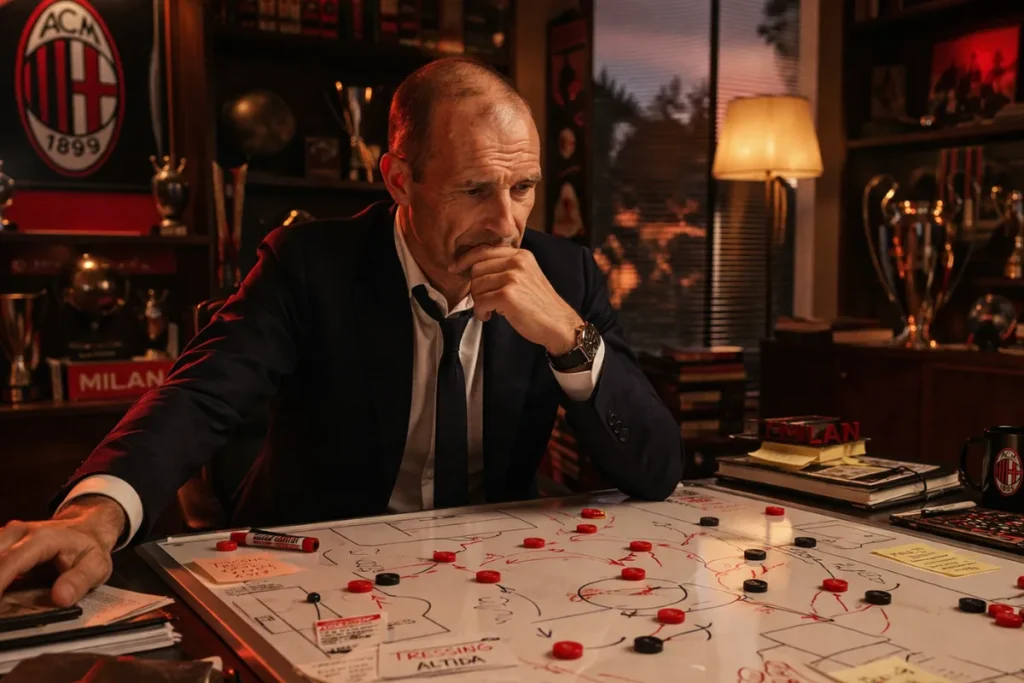 Massimiliano Allegri in panchina valuta il cambio modulo per Milan-Udinese