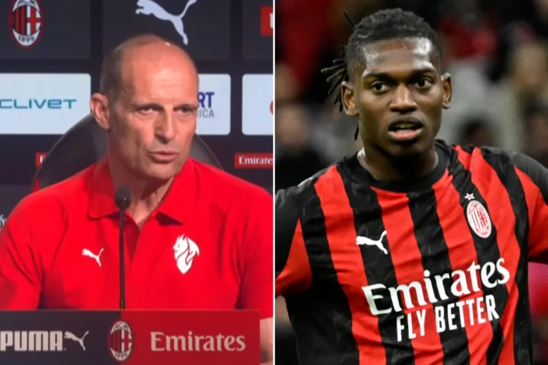 Massimiliano Allegri e Rafael Leao in conferenza stampa del Milan prima di Napoli-Milan