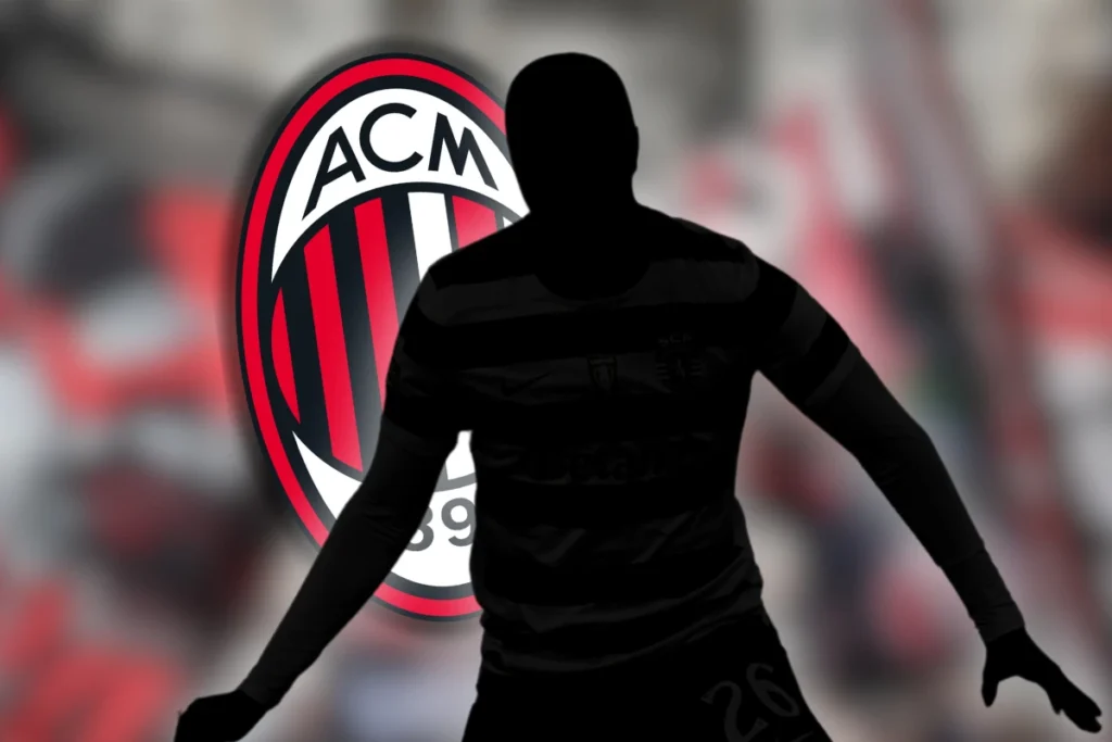 Silhouette di giocatore in maglia nera davanti al logo ACM del Milan
