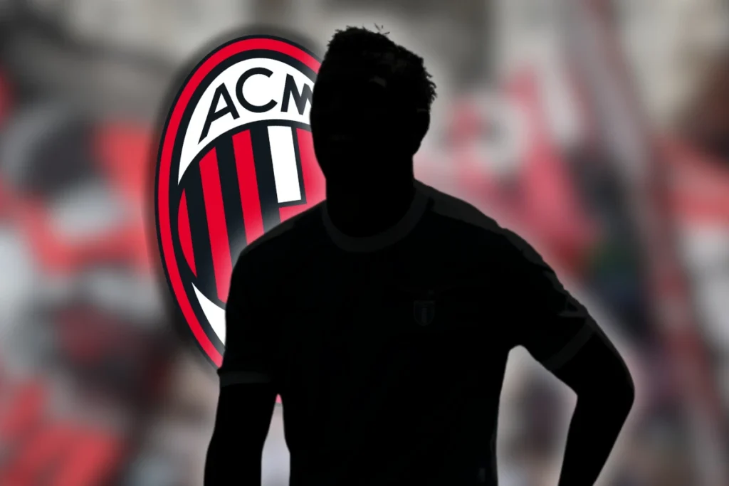 Silhouette di giocatore davanti al logo dell'AC Milan, sfondo stadio rossonero