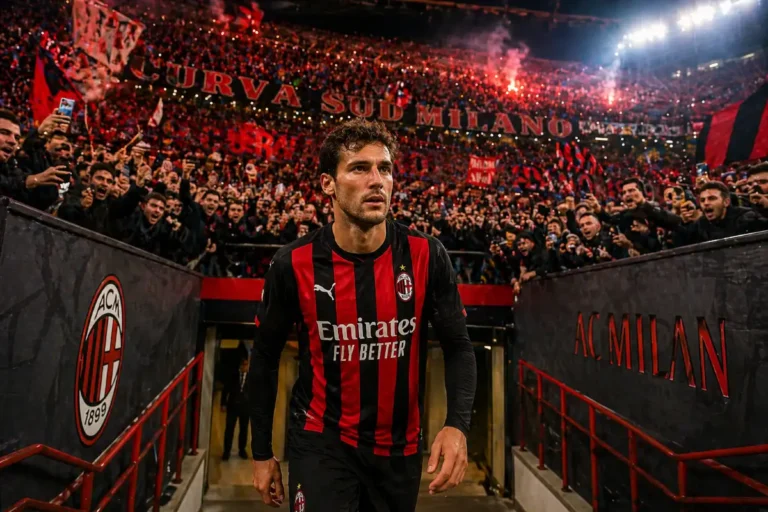Leon Goretzka in maglia Milan al San Siro durante una partita, circondato dai tifosi rossoneri