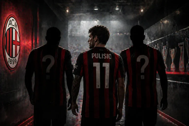 Calciatori del Milan in maglia rossonera nella zona tunnel dello stadio, con Pulisic visibile al centro