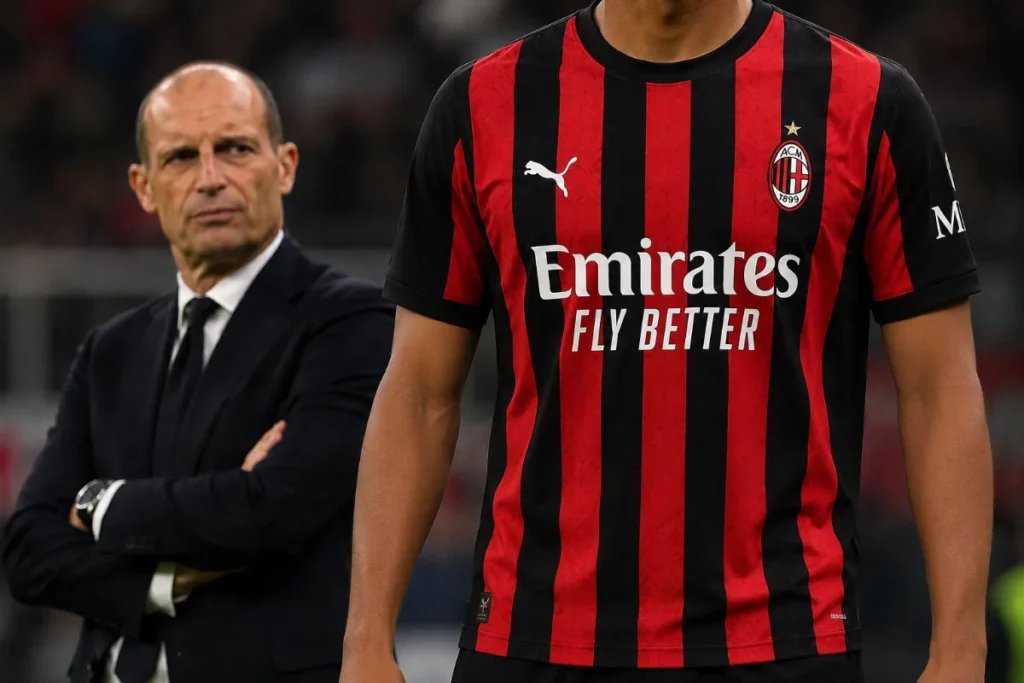 Massimiliano Allegri in panchina con giocatore del Milan in primo piano durante una partita