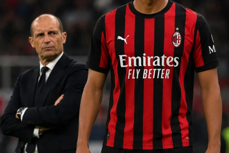 Massimiliano Allegri in panchina con giocatore del Milan in primo piano durante una partita