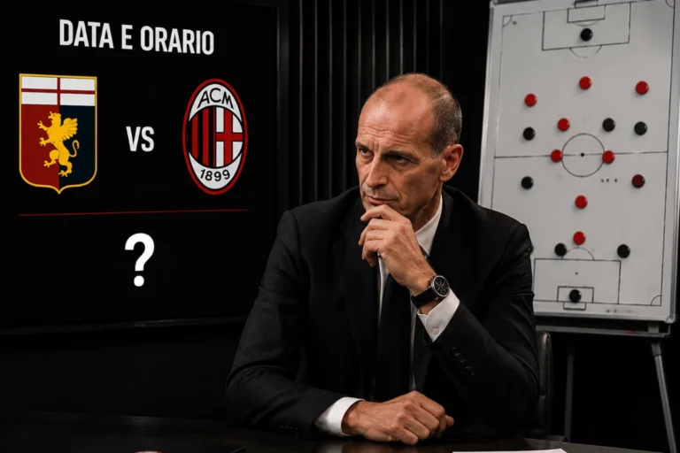 Allegri in conferenza stampa analizza la tattica con lavagna calcistica, Genoa-Milan in background