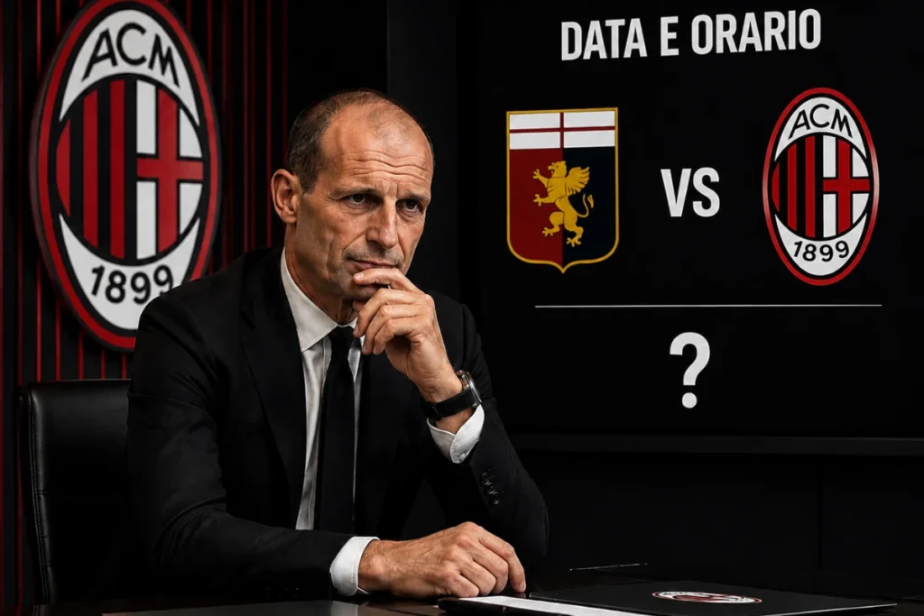 Allegri pensieroso durante valutazione tattica del Milan con logo rossonero sullo sfondo