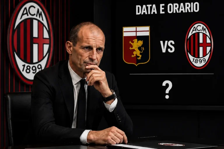Allegri pensieroso durante valutazione tattica del Milan con logo rossonero sullo sfondo