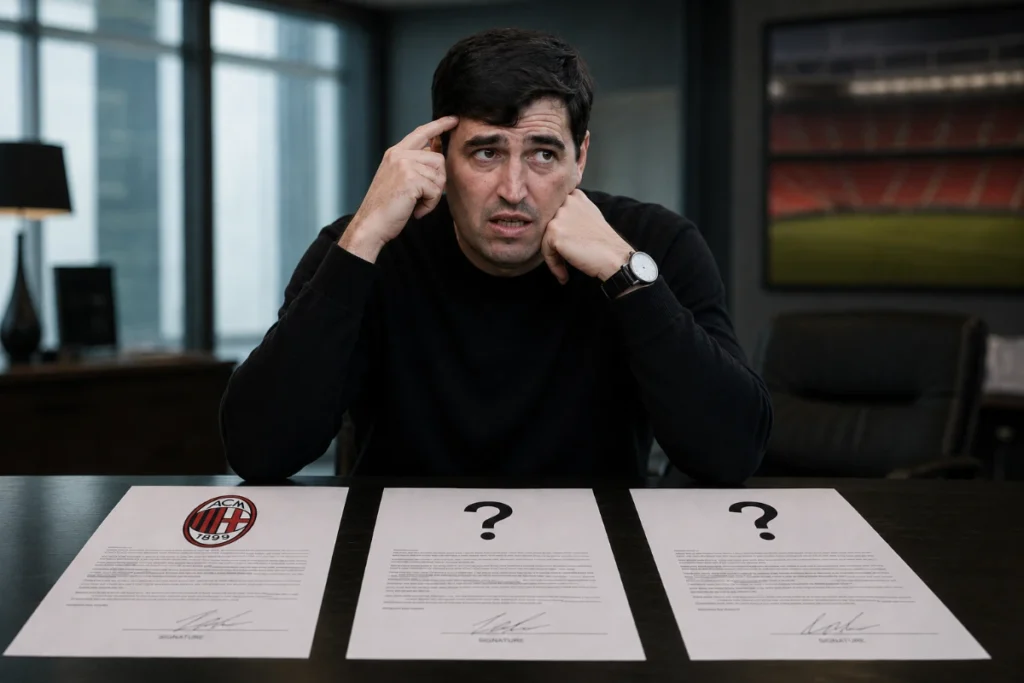 Andoni Iraola in conferenza stampa davanti ai documenti del Milan, con espressione pensierosa